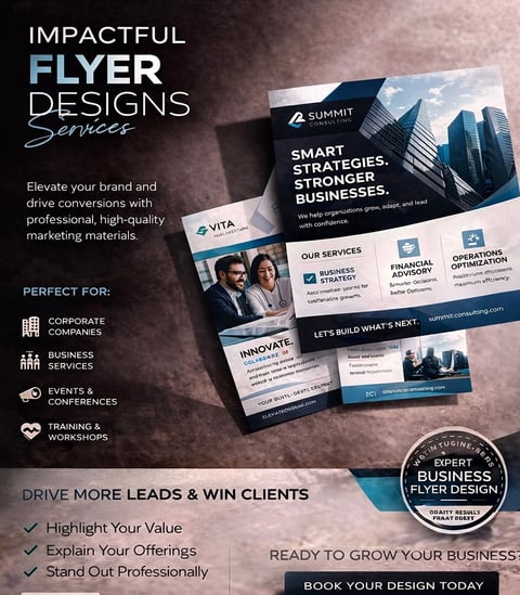 Professional business flyer design services showcasing corporate marketing materials with blue and white color scheme and modern layout