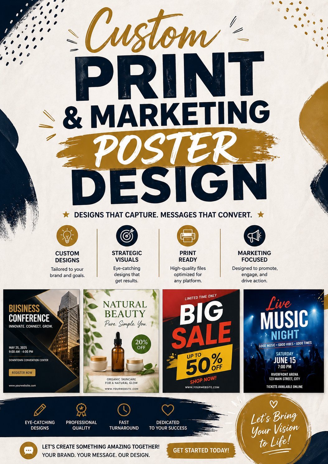 Custom print and marketing poster design service featuring four sample posters with gold and navy design elements and decorative brushstrokes