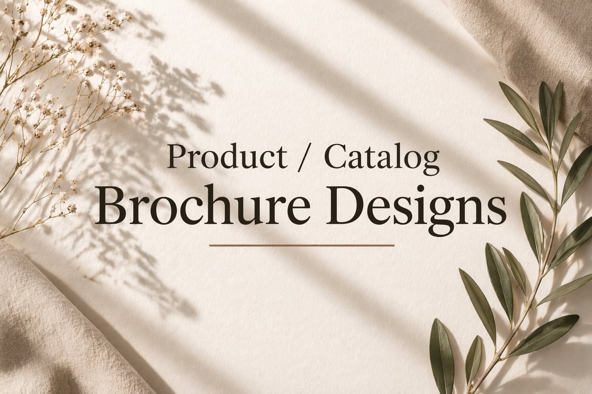Minimalist brochure design cover with beige background, botanical elements, and text reading Product Catalog Brochure Designs
