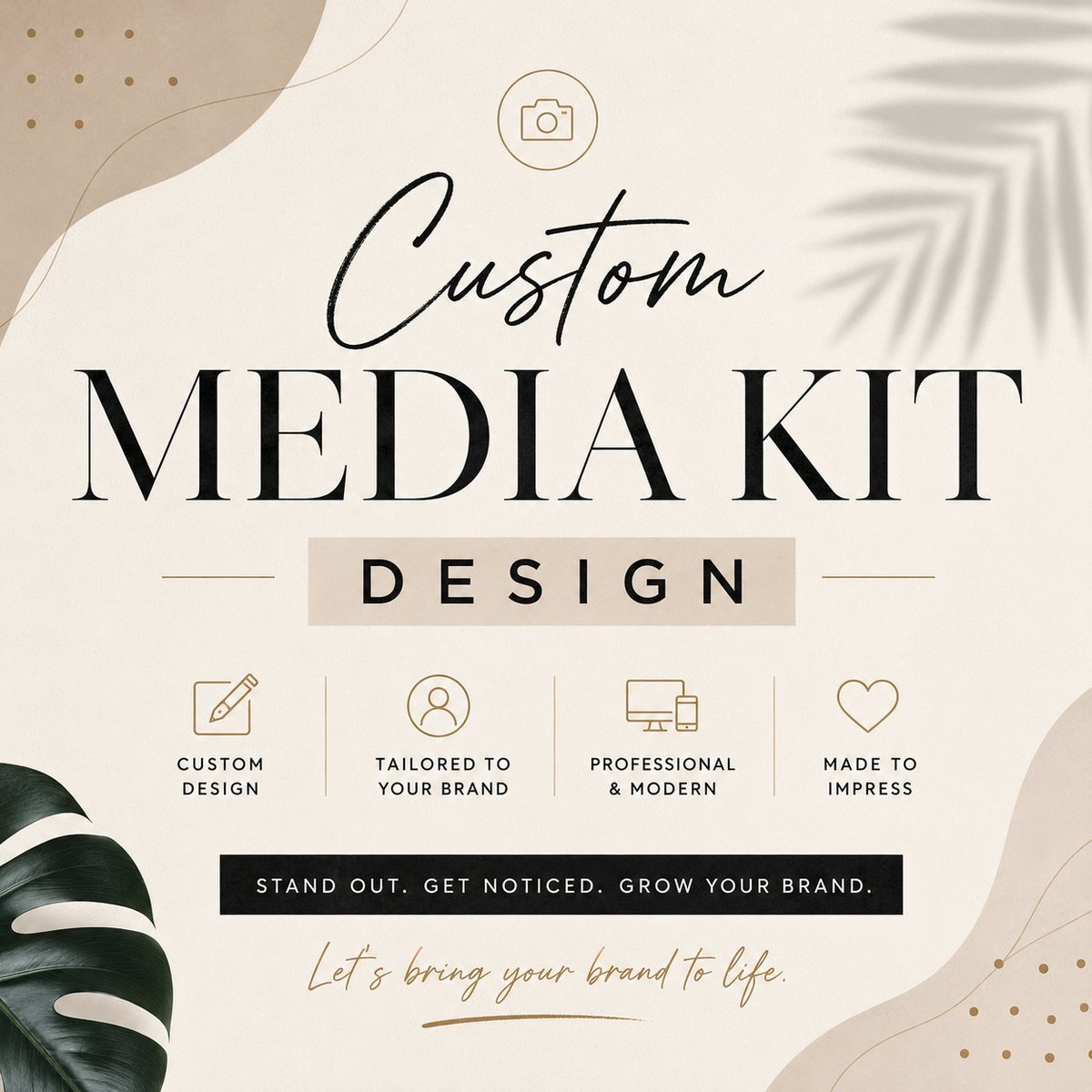 Custom media kit design template with aesthetic branding elements and feature icons
