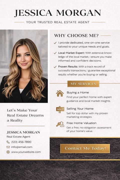 Jessica Morgan, real estate agent, professional marketing flyer with photo, services, and contact information