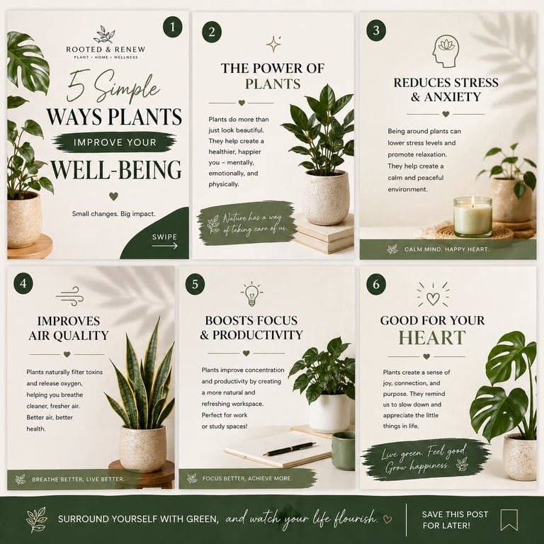 Infographic showing 6 ways plants improve well-being, featuring potted green plants and wellness benefits text on a beige background