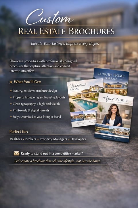Marketing flyer for custom real estate brochures featuring luxury home images and professional broker profile layout on modern house background