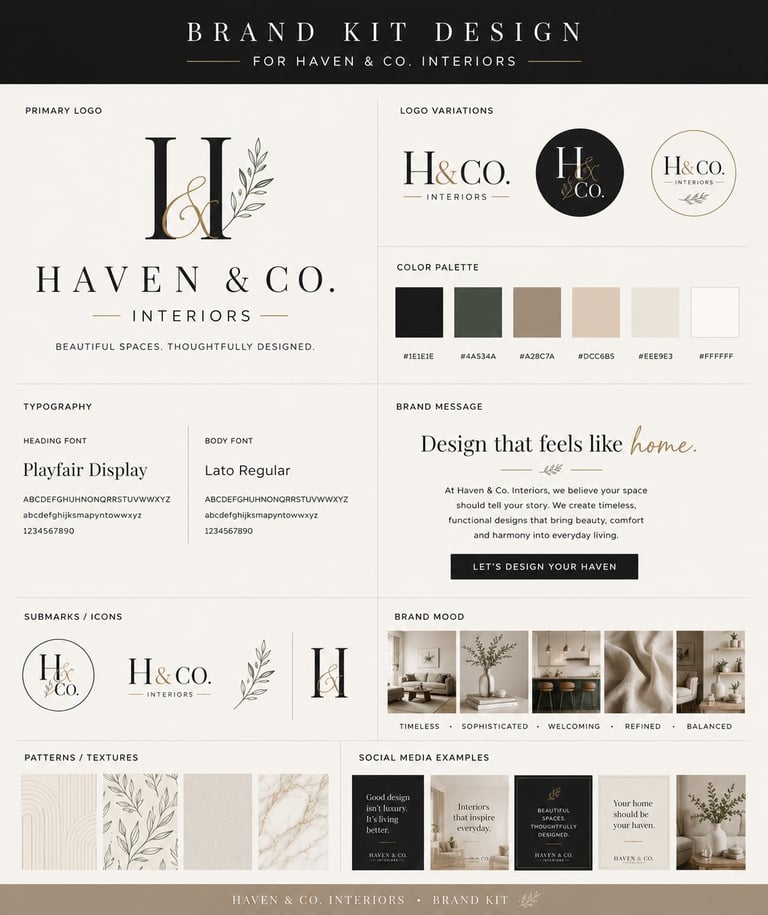 Brand kit design for Haven & Co. Interiors featuring logo, color palette, typography, icons, patterns, and mood board
