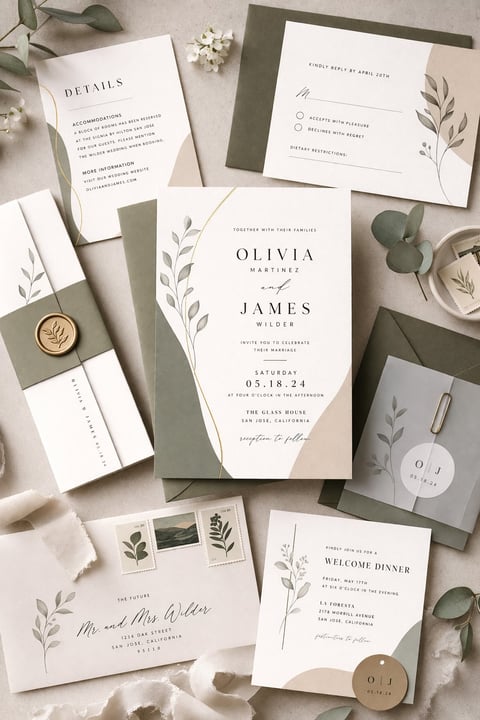 Elegant wedding invitation suite with sage green and cream stationery, featuring botanical leaf designs, gold accents, and coordinating cards on a neutral background with dried florals and eucalyptus