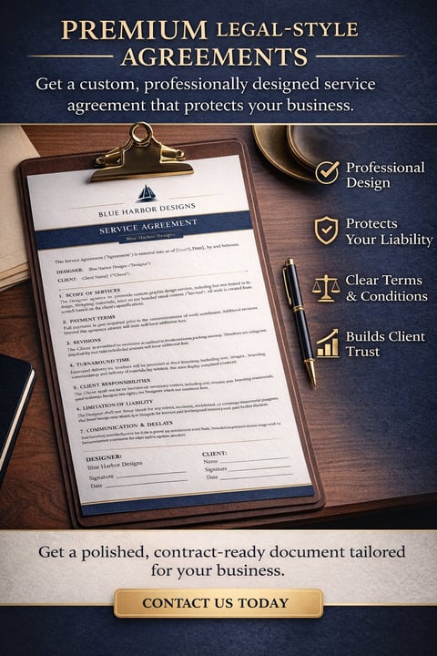 Premium legal-style service agreement document on clipboard with professional design benefits and Contact Us Today button