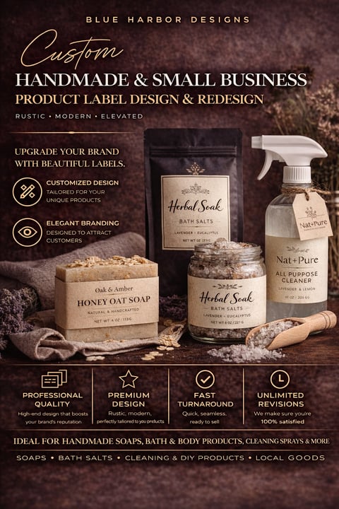 Blue Harbor Designs product label design showcase featuring handmade soaps, bath salts, and cleaning sprays with rustic branding and packaging mockups