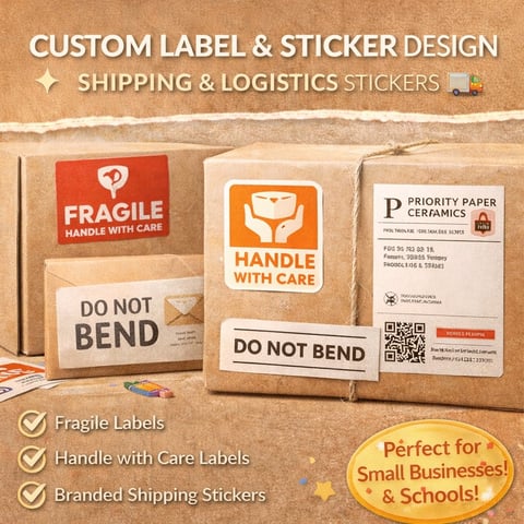 Cardboard boxes with custom shipping labels including Fragile, Handle with Care, and Do Not Bend stickers for small business packaging