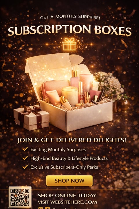 Subscription box marketing poster featuring luxury beauty products in a glowing gift box with gold accents and sparkles on dark background