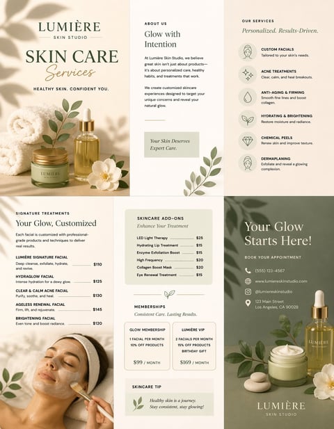 Lumiere Skin Care Services brochure showcasing facials, treatments, and skincare products with botanical design elements