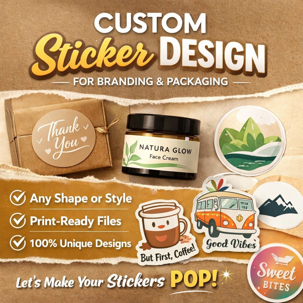 Custom sticker design service showcasing various branded stickers including thank you, face cream, coffee cup, van, and food packaging labels for branding and marketing