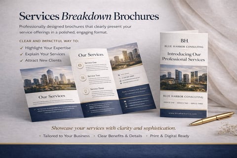 Multiple tri-fold brochure templates for professional services featuring cityscape images, navy and white design, and editing placeholders on marble background with gold pen