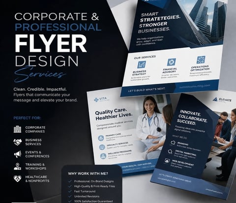 Professional flyer design mockups showcasing corporate business templates with modern layouts and healthcare industry examples