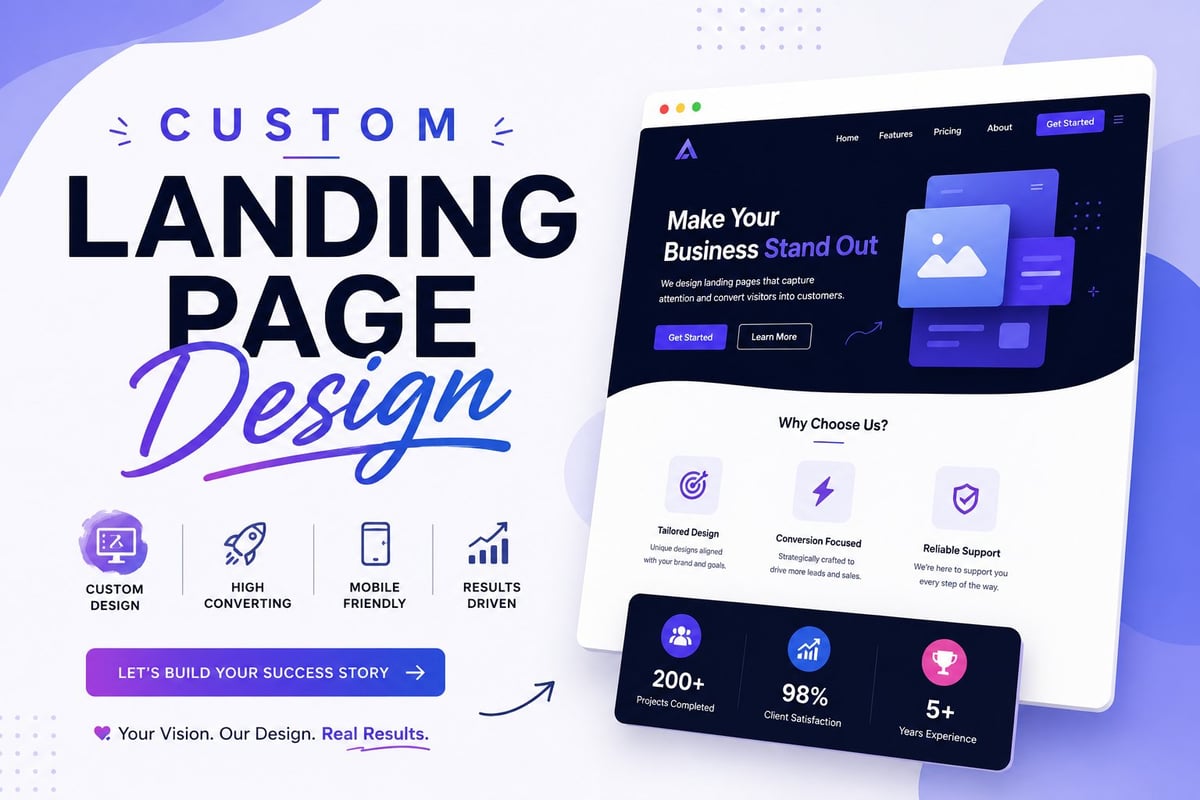 Custom landing page design service mockup showing website layout with features, statistics, and design icons on gradient blue background