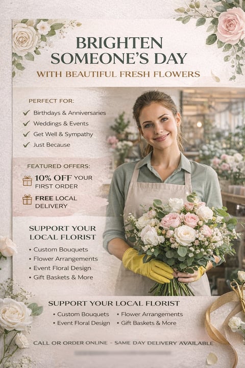 Florist holding pink and white flower bouquet with promotional text for flower delivery services and special offers