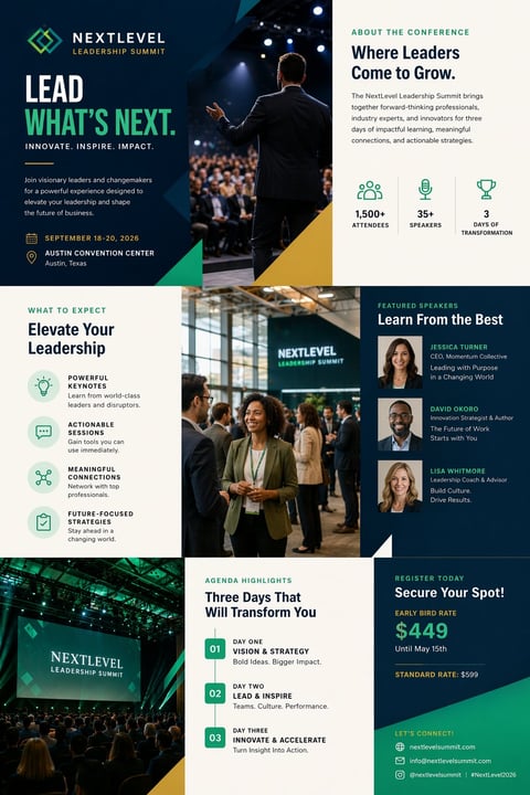 NextLevel Leadership Summit conference brochure featuring keynote speaker on stage, event details for September 18-20, 2026 in Austin, and registration pricing of $449