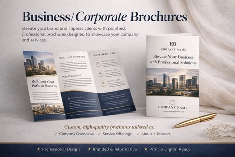 Business brochure design showcase featuring trifold brochures and single-page flyers with cityscape imagery and professional layouts on a textured background
