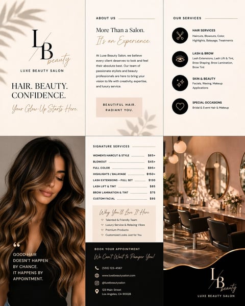 Beauty salon brochure layout featuring hair services, pricing, and professional styling imagery with elegant beige and black design