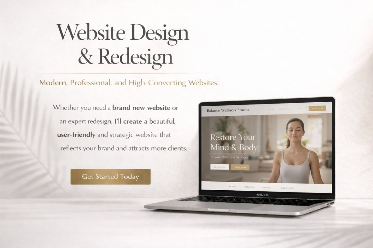 Laptop displaying website design and redesign service page with text and call-to-action button