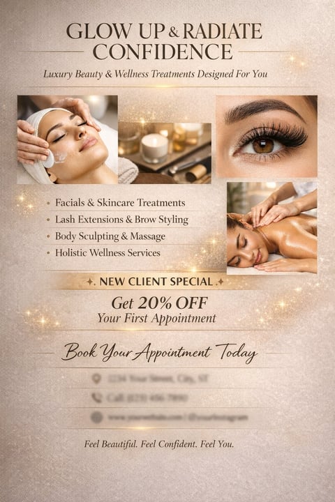 Beauty and wellness spa promotional flyer offering facials, lash extensions, massages with 20% off new client special