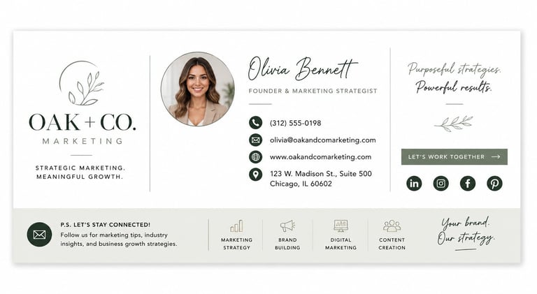 Oak and Co. Marketing business card for Olivia Bennett featuring contact information and brand icons