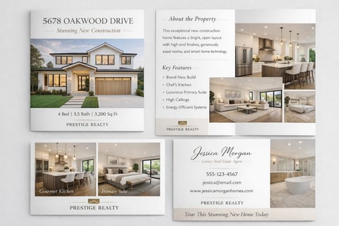 Real estate marketing brochure for 5678 Oakwood Drive showing exterior home photo, interior rooms, and property details from Prestige Realty