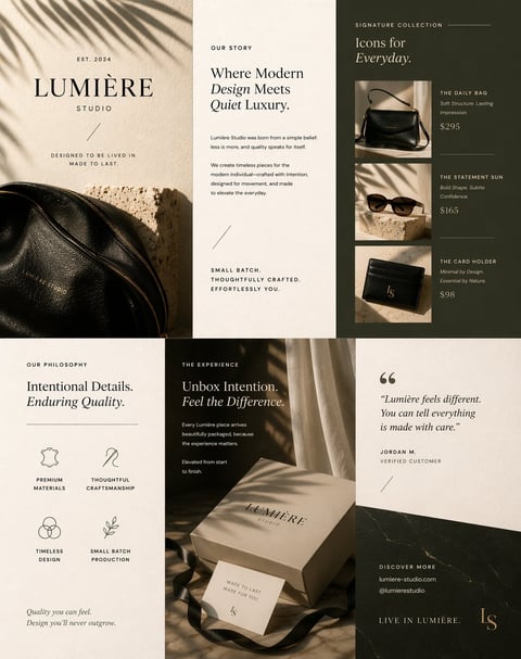 Lumière Studio brand website homepage showcasing luxury leather goods with minimalist design, product images, and customer testimonials