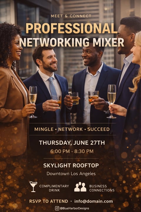 Professional networking mixer event flyer showing diverse business professionals toasting with drinks at a rooftop venue on June 27th