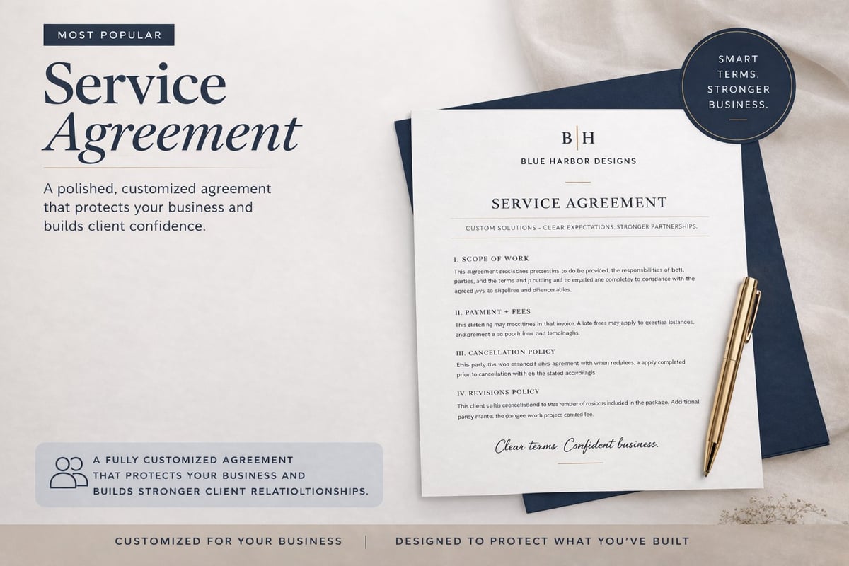 Service Agreement document by Blue Harbor Designs displayed with text highlighting customized protection for business, featuring a pen on white background