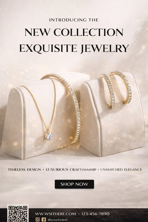 Advertisement for exquisite jewelry collection featuring gold necklaces and diamond bracelets displayed on white stands