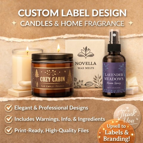 Custom candle and home fragrance label design mockup showing Cozy Cabin jar candle, wax melts, and Lavender Meadows room spray with design features listed