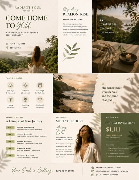 Radiant Soul Retreats marketing collage promoting a wellness retreat in Costa Rica with images of nature, palm trees, and a retreat facilitator