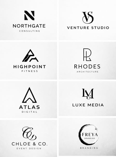 Collection of seven professional brand logos including Northgate Consulting, Venture Studio, Highlander Fitness, Rhodes Architecture, Atlas Digital, Luxe Media, Chloe & Co., and Freya Branding