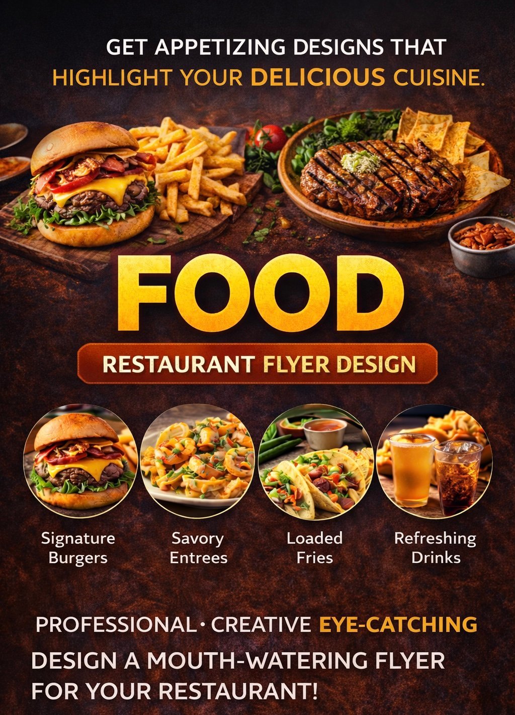 Restaurant food flyer design featuring burgers, fries, grilled meat, and drinks with appetizing cuisine imagery and call-to-action text