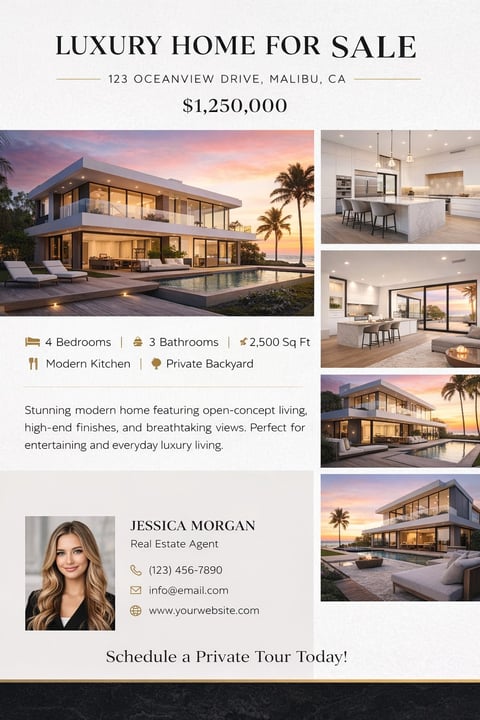 Luxury home for sale listing at 123 Oceanview Drive, Malibu for $1.25 million featuring modern architecture and ocean views