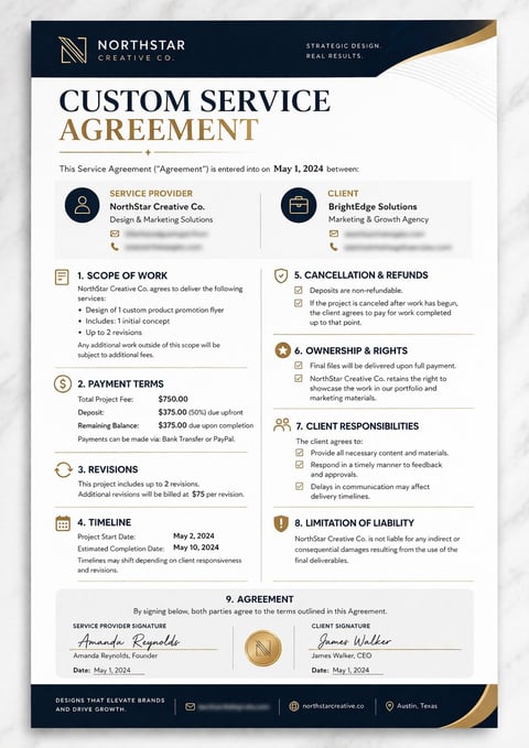 Custom Service Agreement document between NorthStar Creative Co. and Infinite Solutions dated May 1, 2024, outlining design and marketing services, payment terms, and client responsibilities