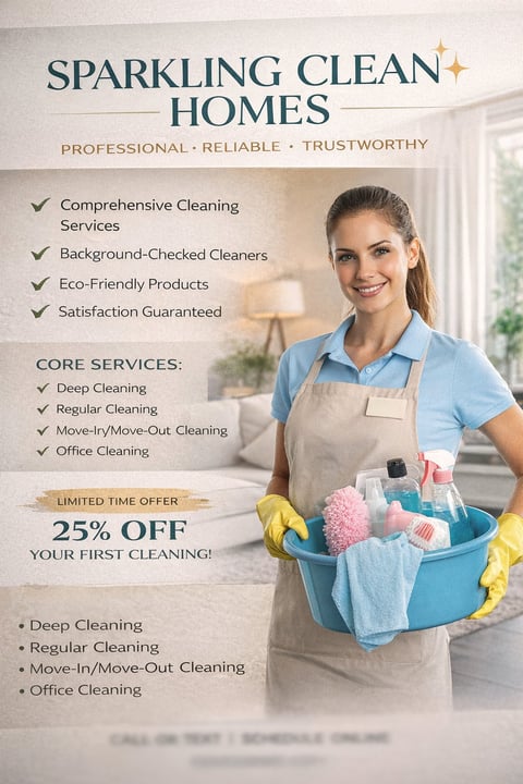Cleaning service professional holding a caddy of supplies, advertising 25% off first cleaning with checkmarks for comprehensive services