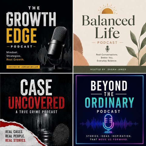Four podcast cover designs arranged in a grid: The Growth Edge, Balanced Life, Case Uncovered, and Beyond the Ordinary, each featuring distinctive typography and microphone imagery