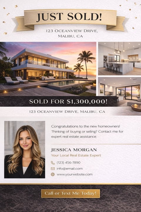Real estate marketing flyer for a sold Malibu oceanfront home at 1.3 million dollars with realtor Jessica Morgans contact information