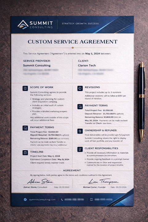 Custom Service Agreement document from Summit Consulting for Clarion Tech, dated May 1, 2024, with signatures and project details