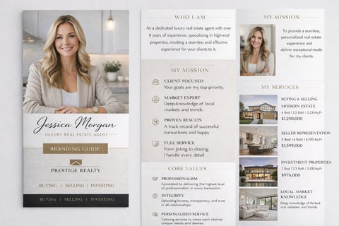 Jessica Morgan real estate agent branding guide with professional headshot, mission statement, services, and property portfolio samples