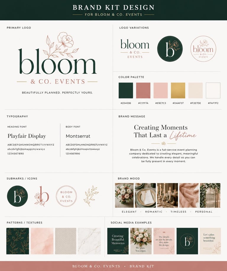 Brand kit design for Bloom and Co Events featuring logo, color palette, typography, and visual branding elements