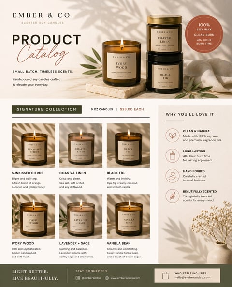 Ember & Co. product catalog showcasing soy candles with scent varieties including Citrus, Linen, and Fig in amber glass jars