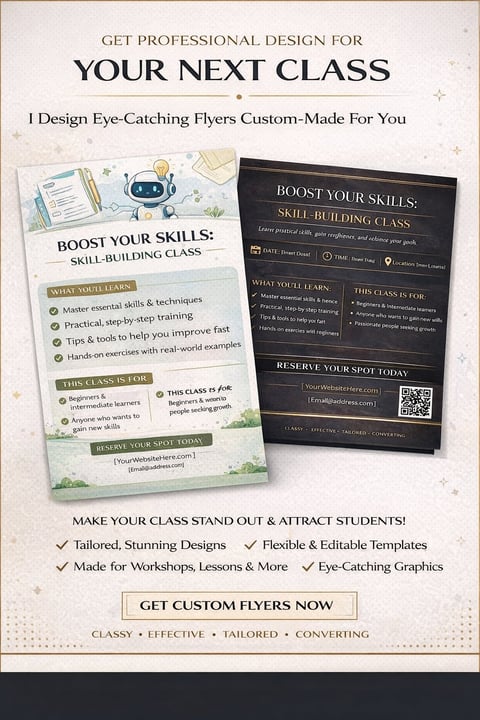 Marketing flyer showcasing two custom class flyer design templates with professional layouts and features for promoting skill-building workshops