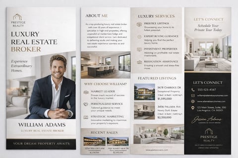 Luxury real estate broker marketing brochure featuring professional portrait of William Adams with property listings and luxury home services