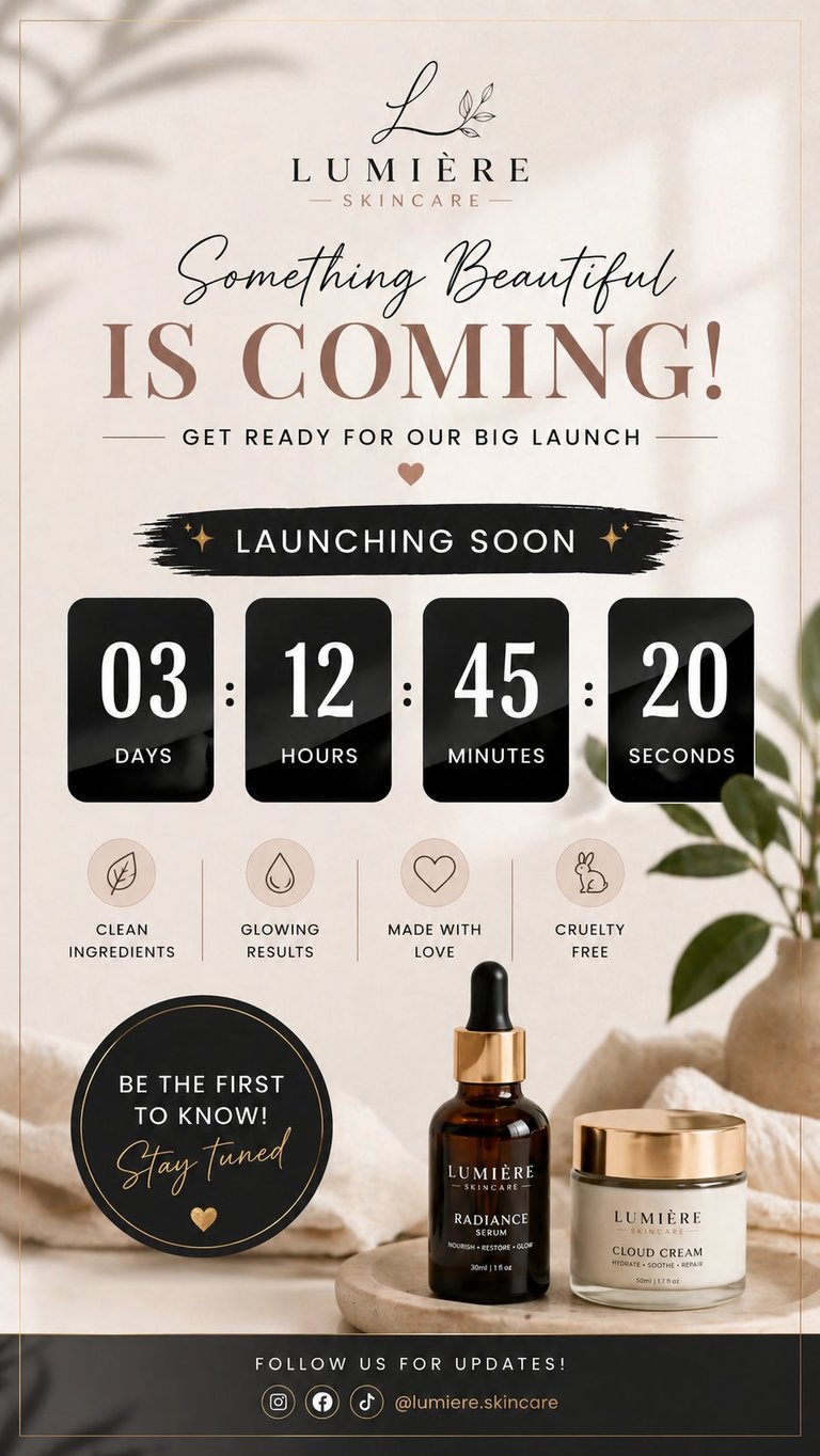 Lumiere Skincare product launch announcement with countdown timer, clean ingredients badge, and serum and cream bottles displayed