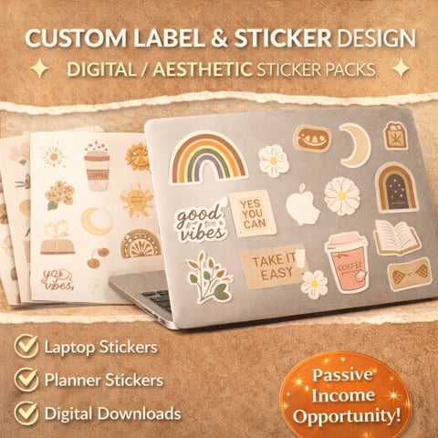 Aesthetic sticker pack design showcase featuring laptop with warm-toned digital stickers including rainbow, moon, coffee cups, and motivational text overlays