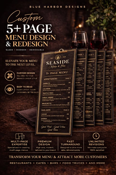 Blue Harbor Designs promotional image showcasing custom 5+ page menu design and redesign services for restaurants and cafes with elegant black and gold sample menus displayed