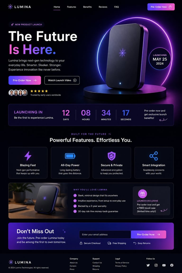Lumina next-gen tech product launch page featuring a sleek black device with purple neon lighting and May 25 2024 release date