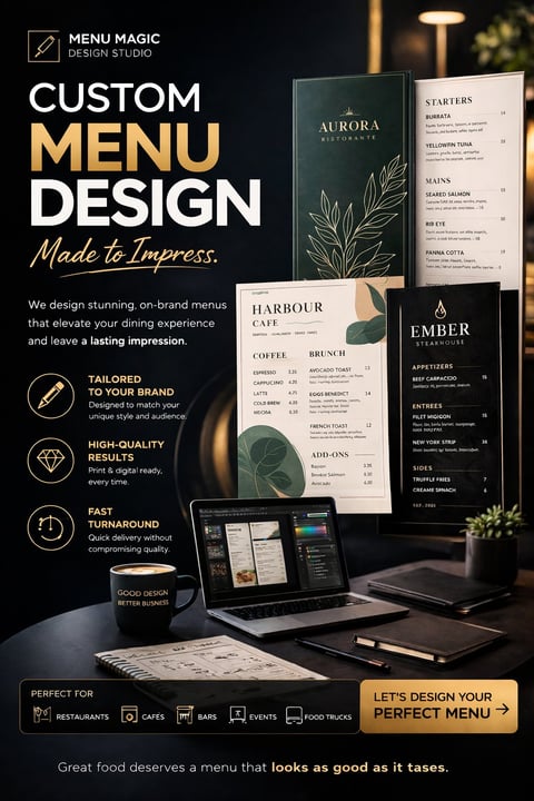 Menu Magic promotional image showcasing custom restaurant menu designs with branded menus displayed alongside laptop and coffee cup